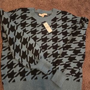 LOFT Blue and Black Houndstooth Crewneck Sweater